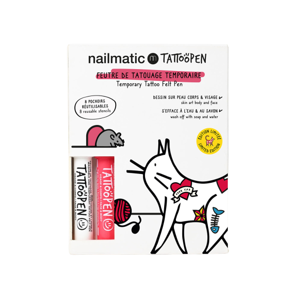 Nailmatic KIDS TATTOOPEN Duo Set The Cat by Ami Imaginaire Nuplaunamų flomasterių piešti ant odos rinkinys, 2x2,5g | elvaistine.lt